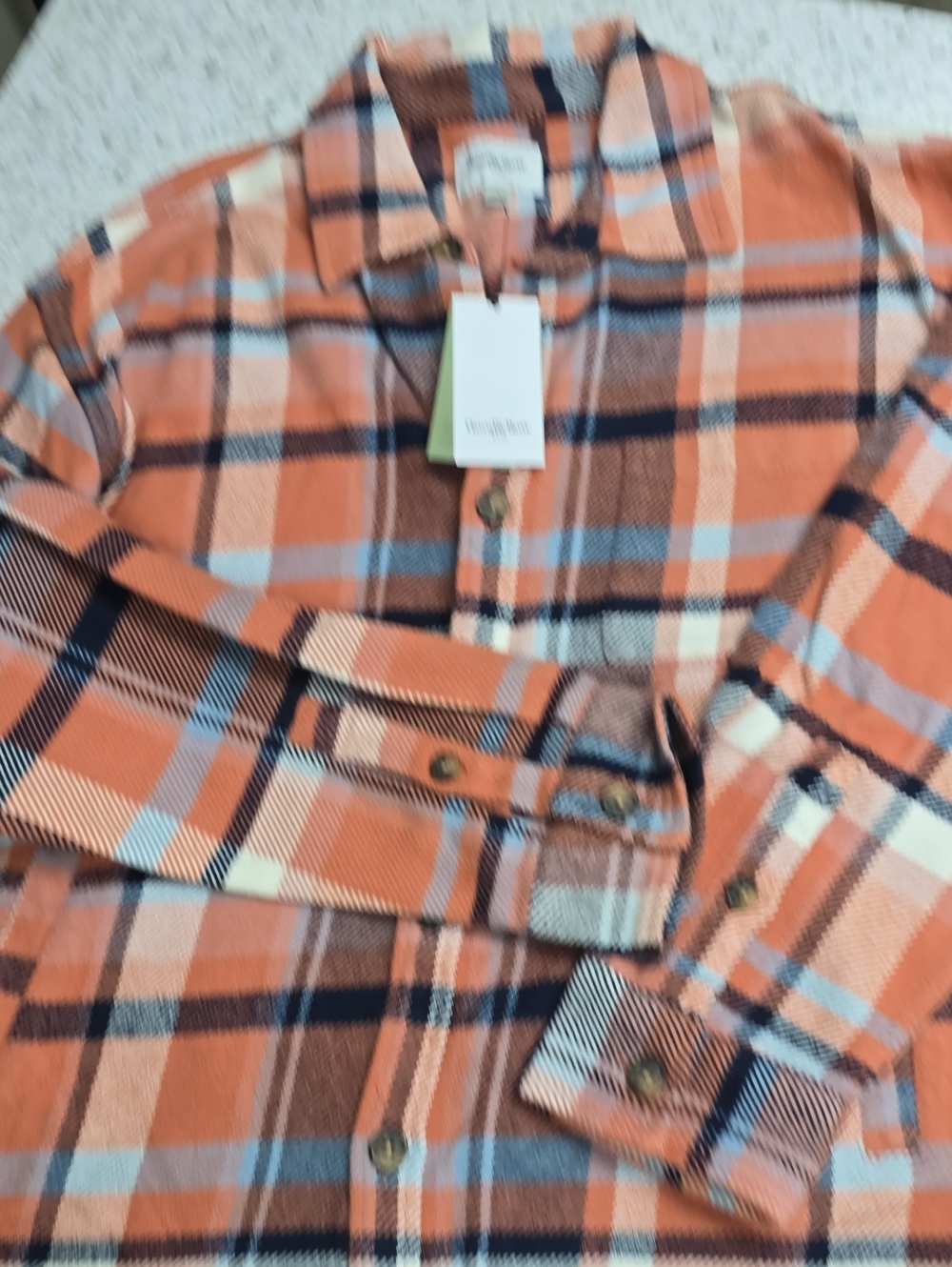 Goodfellow & Co men's orange and navy plaid heavyweight long sleeve button-down